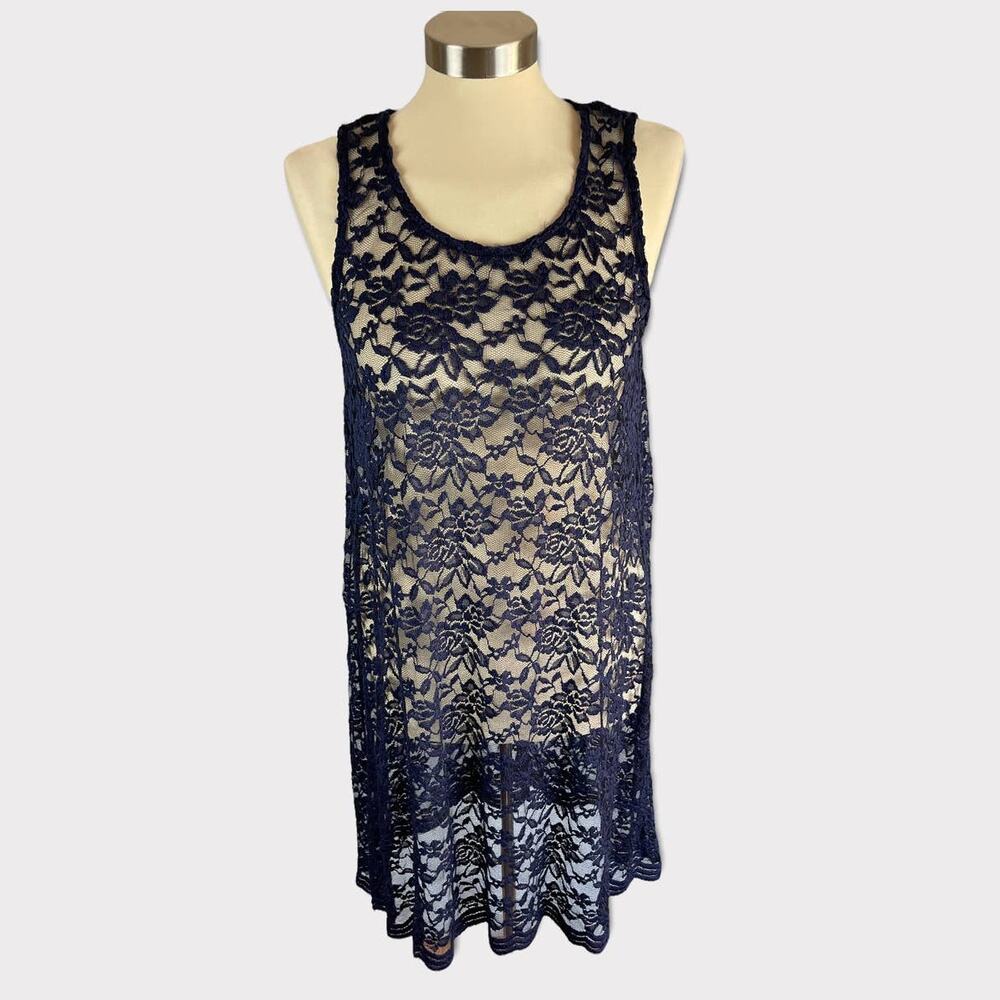 Massini Womens Medium Navy Blue Lace Sleeveless Dress Swim Cover Up